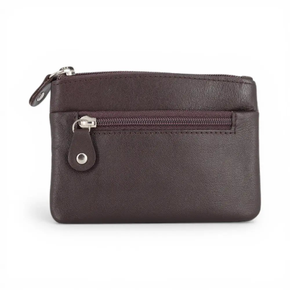 Brown leather wallet with a zipper on a white background