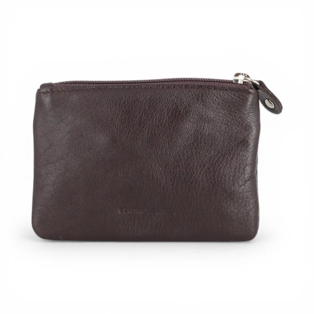 Brown leather pouch with a zipper on a white background