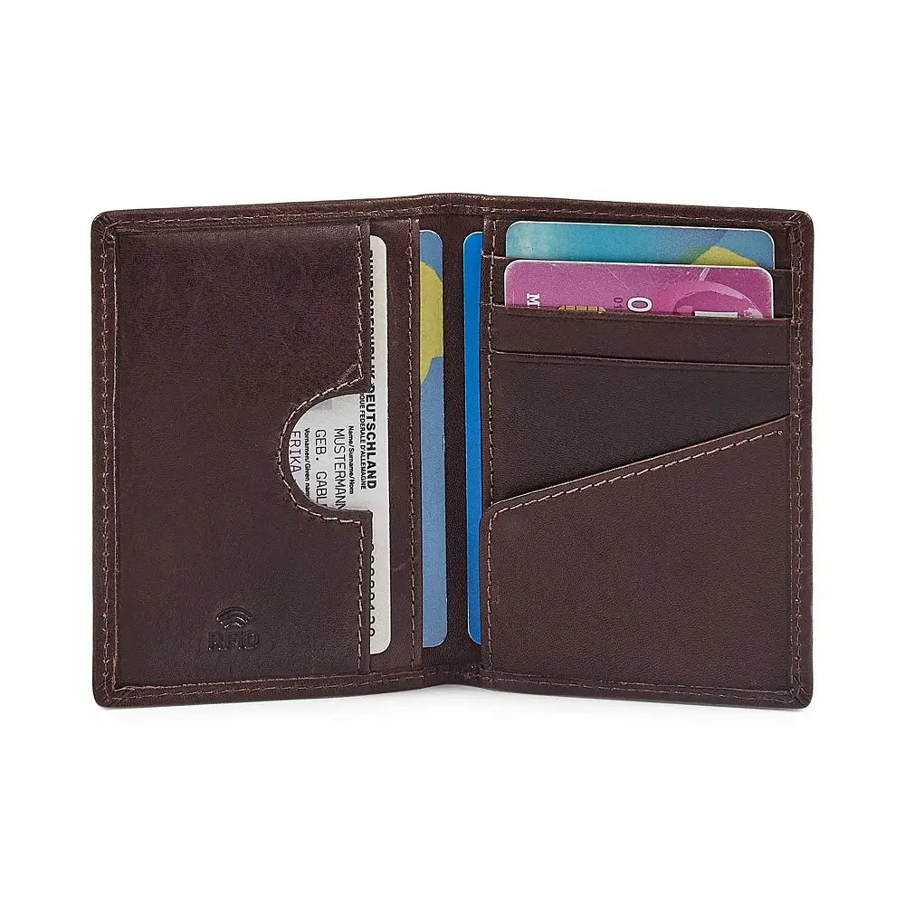 Brown leather card holder with card slots on a white background