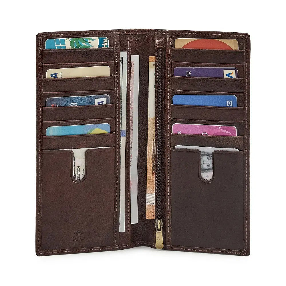 Open brown leather wallet with card slots on a white background