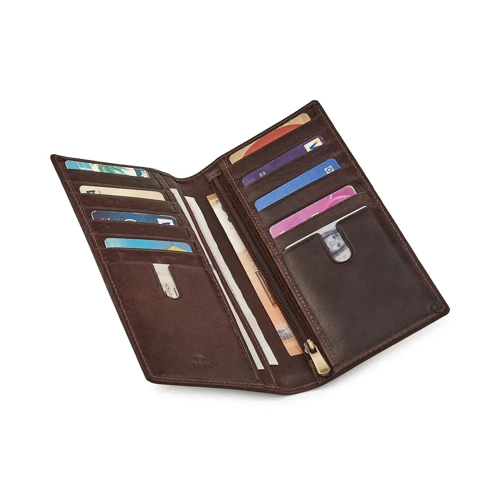 Open brown leather wallet with various cards and a pen on a white background
