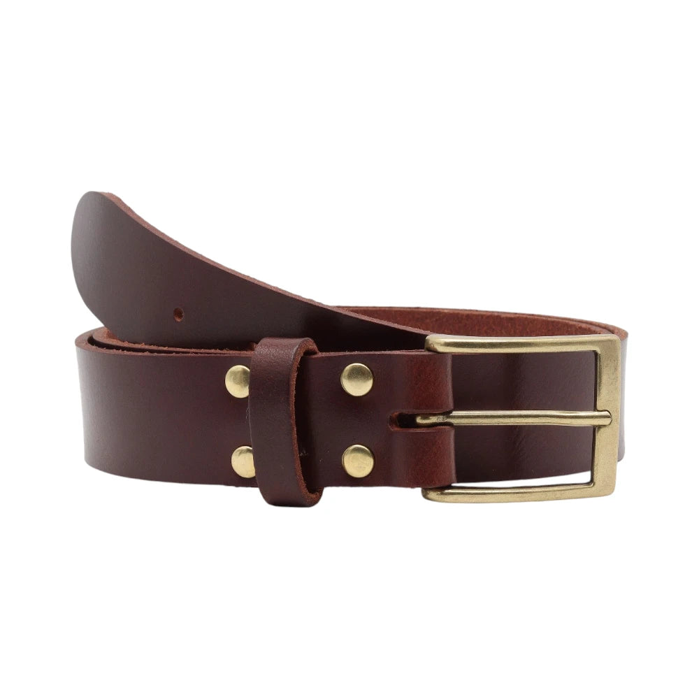 Brown leather belt with gold buckle on a white background