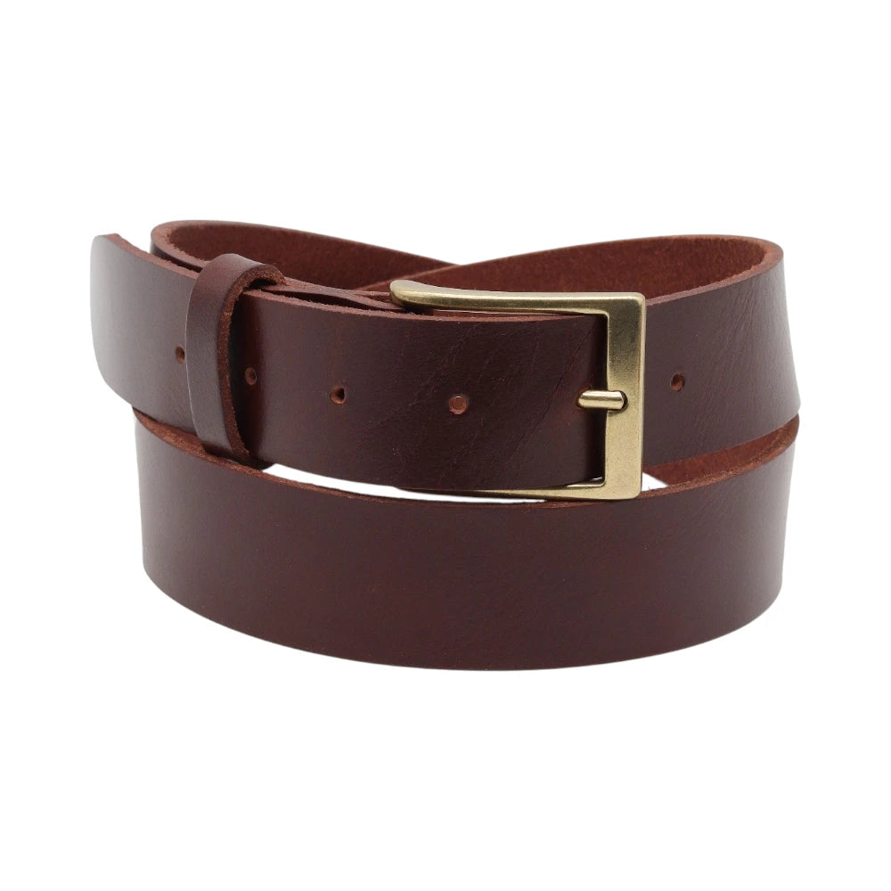 Brown leather belt with a gold buckle on a white background