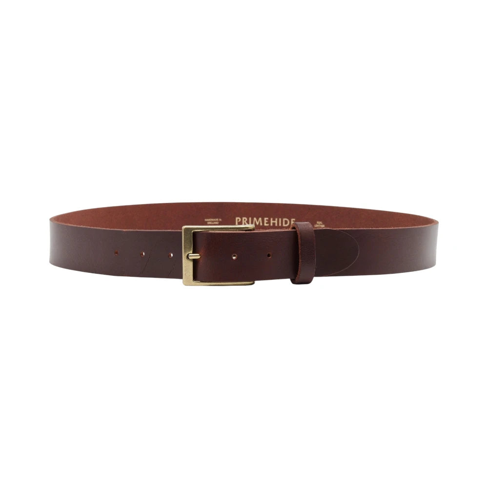 Brown leather belt with gold buckle on a white background
