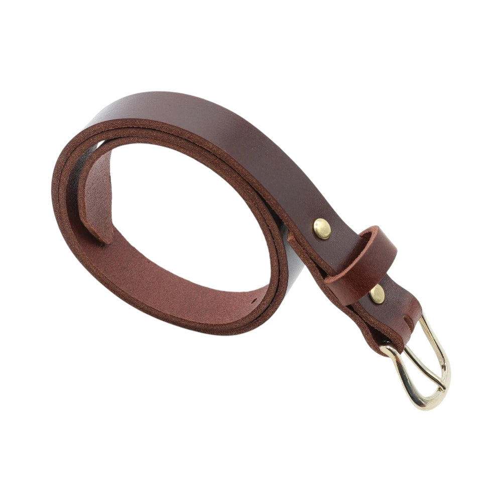 Brown leather belt with brass buckle on a white background