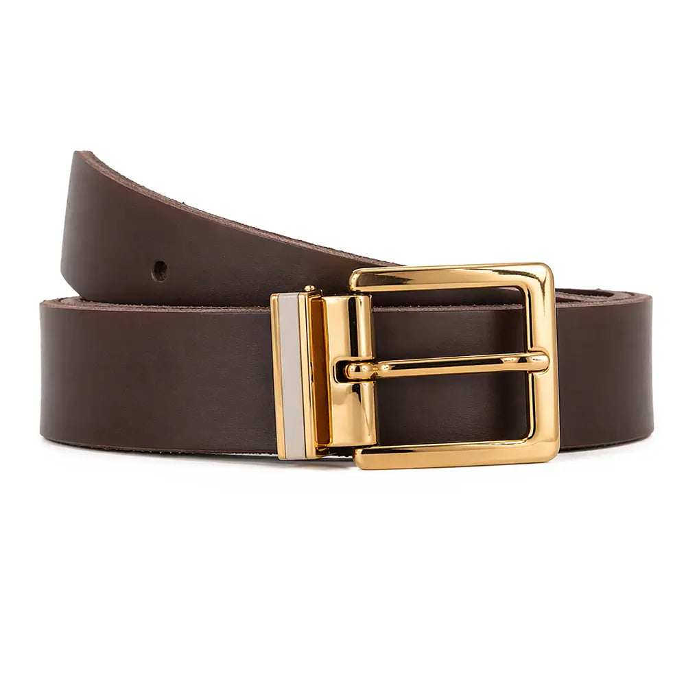 Front view of Brown leather belt with a gold buckle on a white background