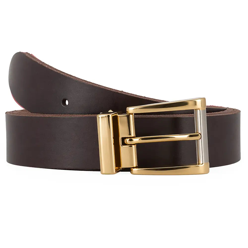 Front view of Brown leather belt with a gold buckle on a white background