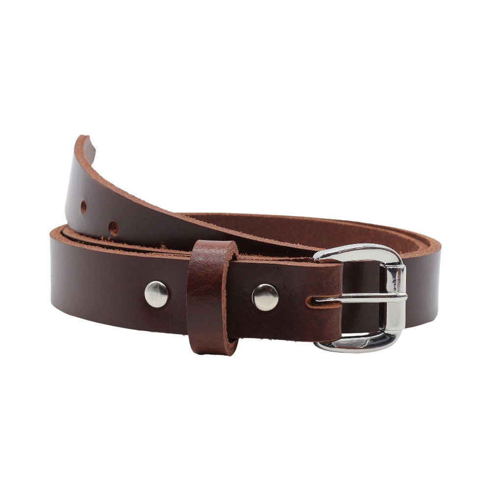 Front view of Brown leather slim belt on a white background