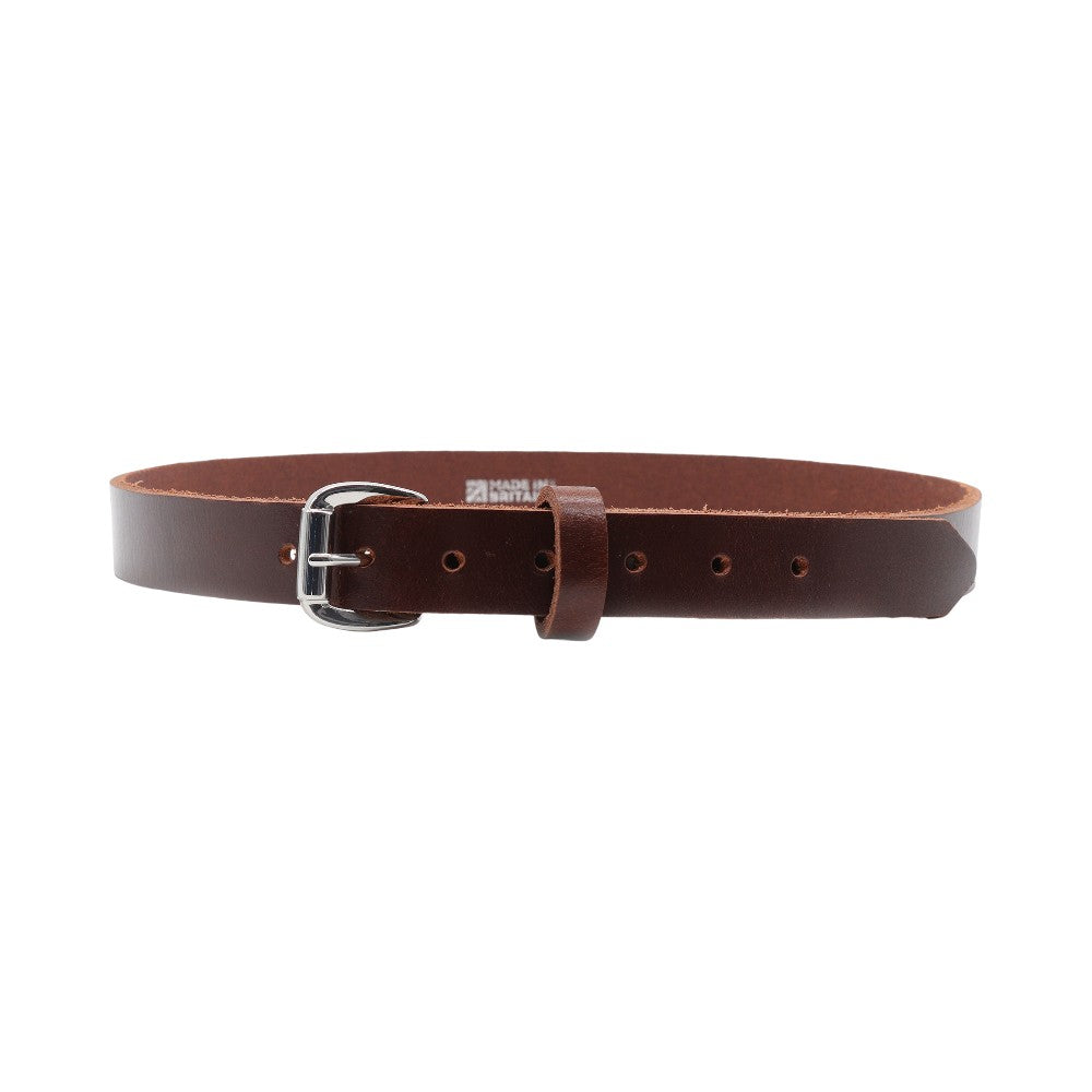 Full width view of Brown leather belt with a silver buckle on a white background