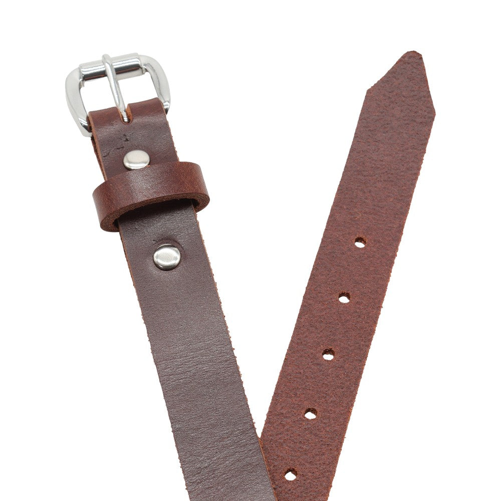 Top angle view of Brown leather belt with silver buckle on a white background