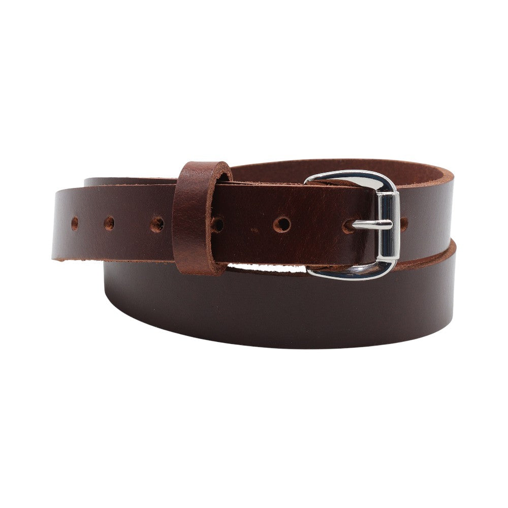 Brown leather belt with a silver buckle on a white background