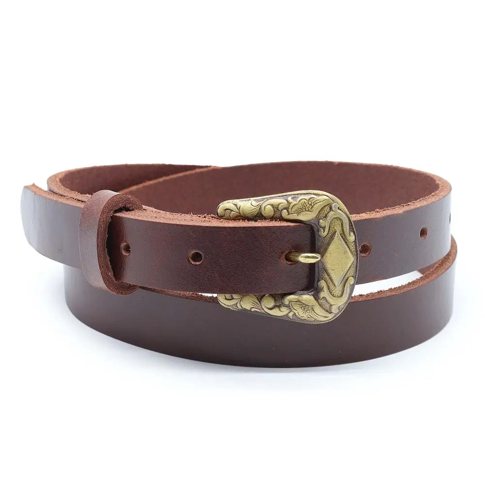 Front view of Brown leather belt with a gold buckle on a white background