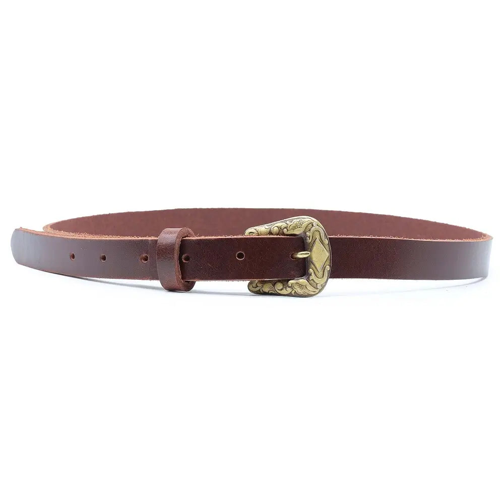 Full width view of Brown leather belt with a gold buckle on a white background
