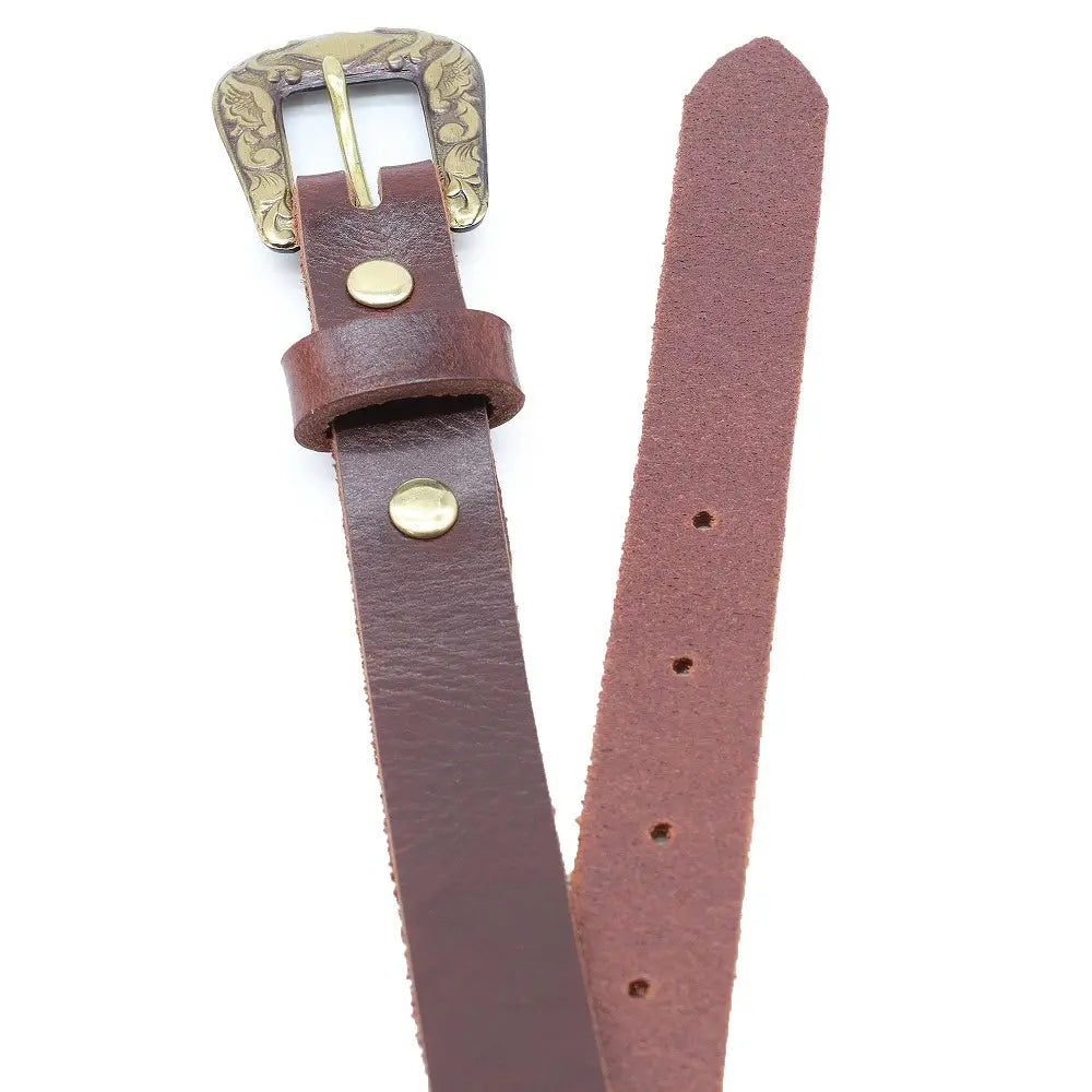 Top angle view of Brown leather belt with gold buckle on a white background