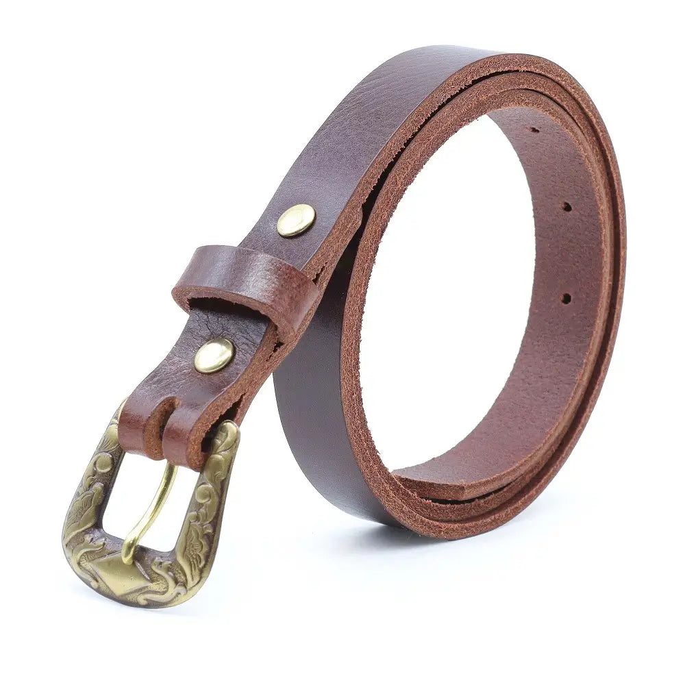 Brown leather belt with gold buckle on a white background