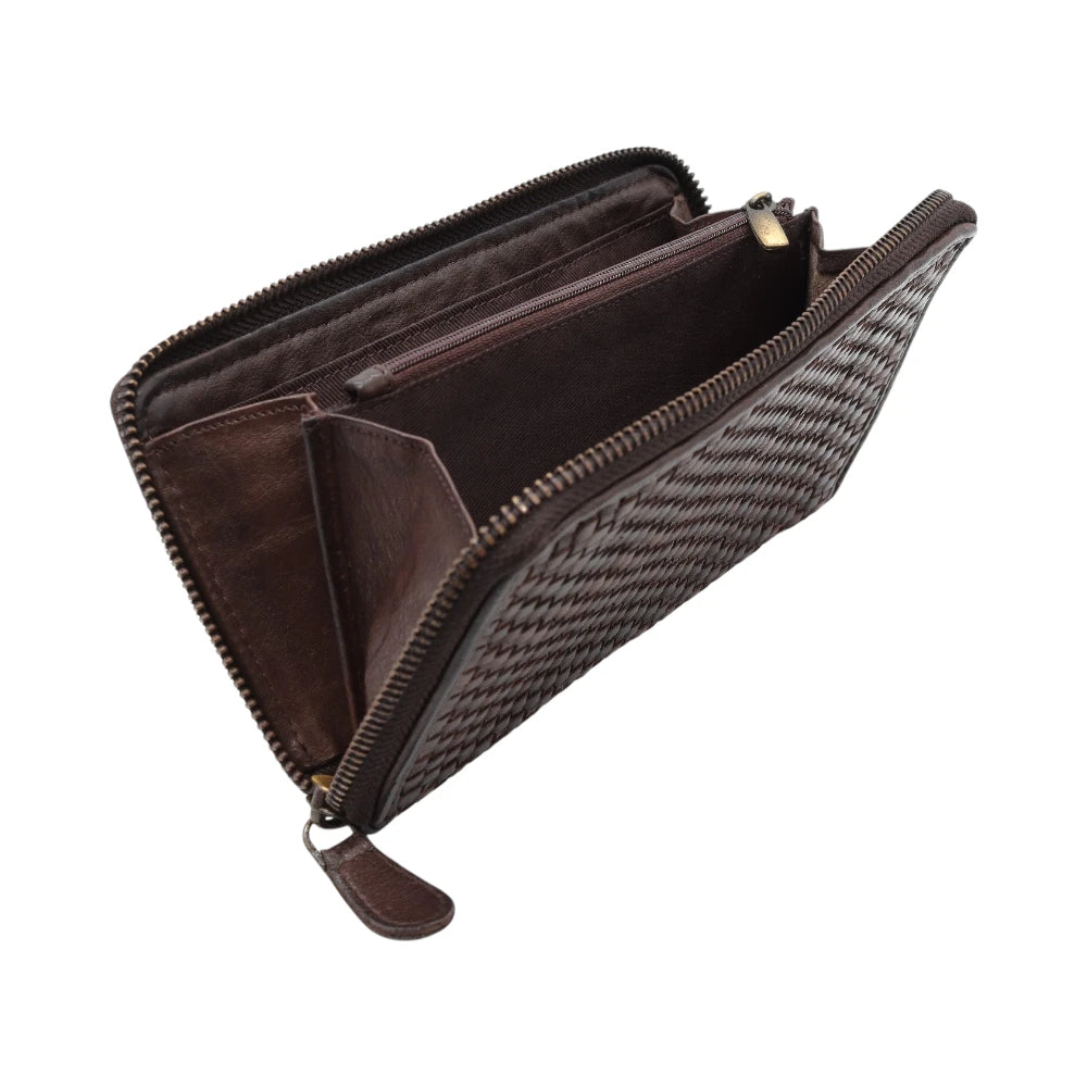 Open view of Brown leather wallet with zipper on a white background