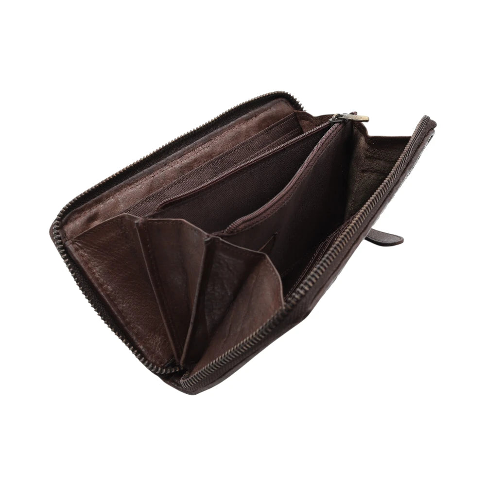 Brown leather wallet with open design on a white background