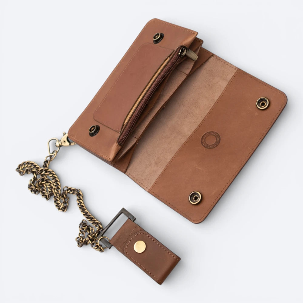 Brown leather wallet with chain on a white background