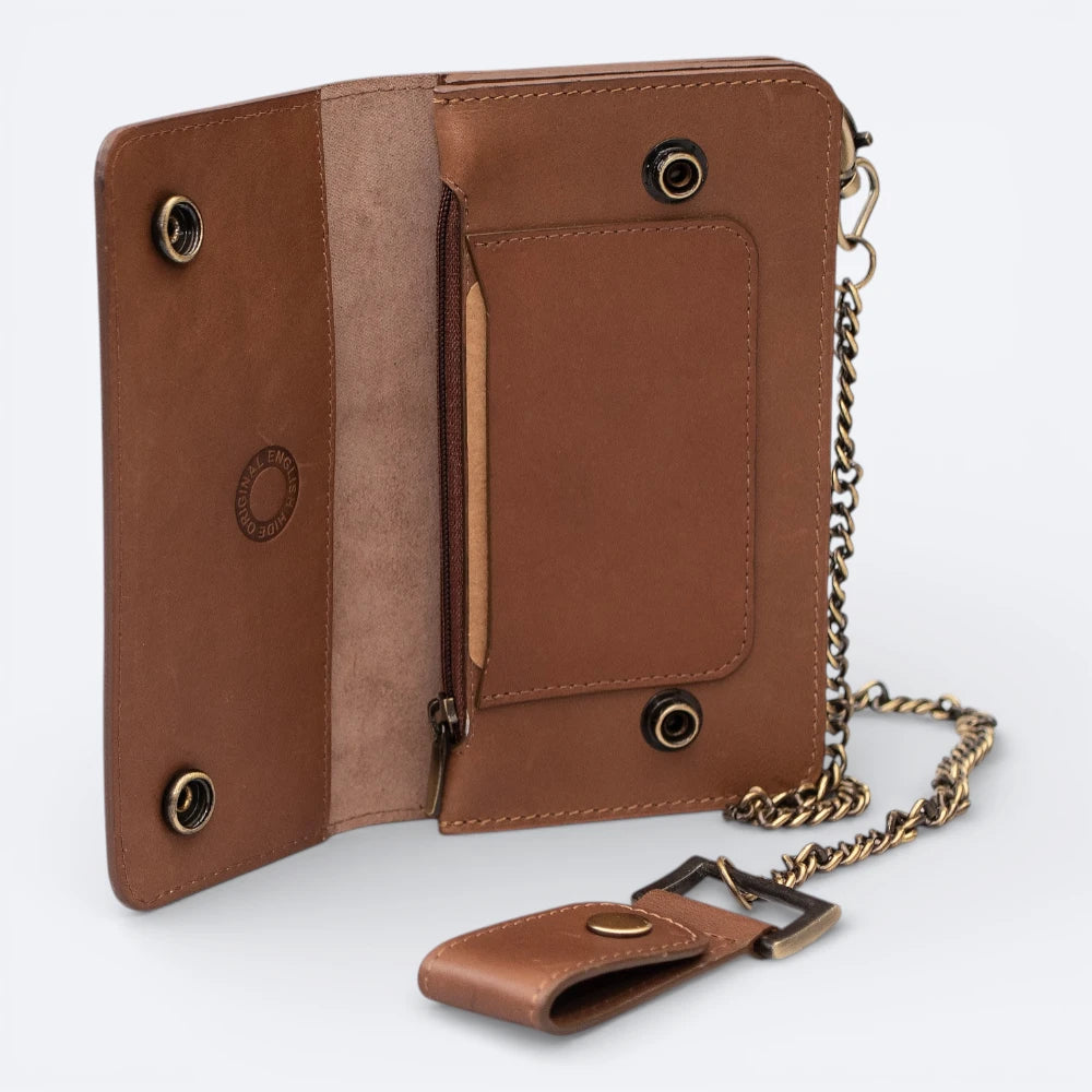 Brown leather wallet with chain on a white background