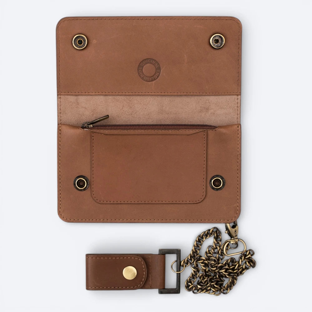 Brown leather wallet with chain on a white background