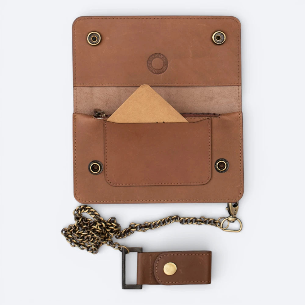 Brown leather wallet with chain on a white background