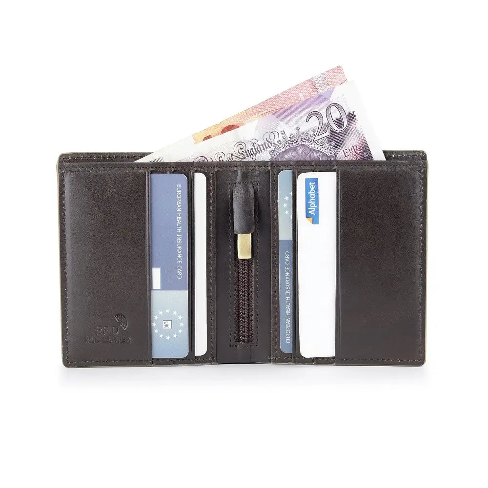 Open brown leather wallet with cards and money on a white background