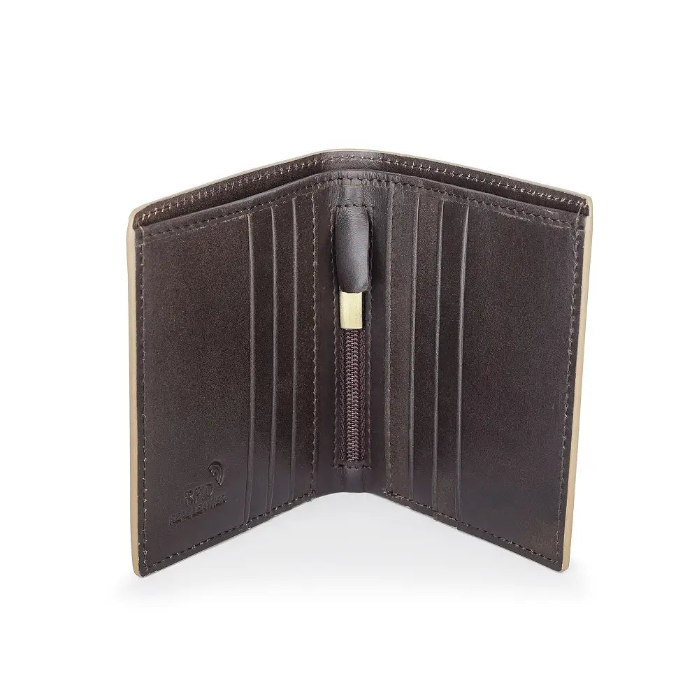 Brown leather wallet with a visible brand logo on a white background