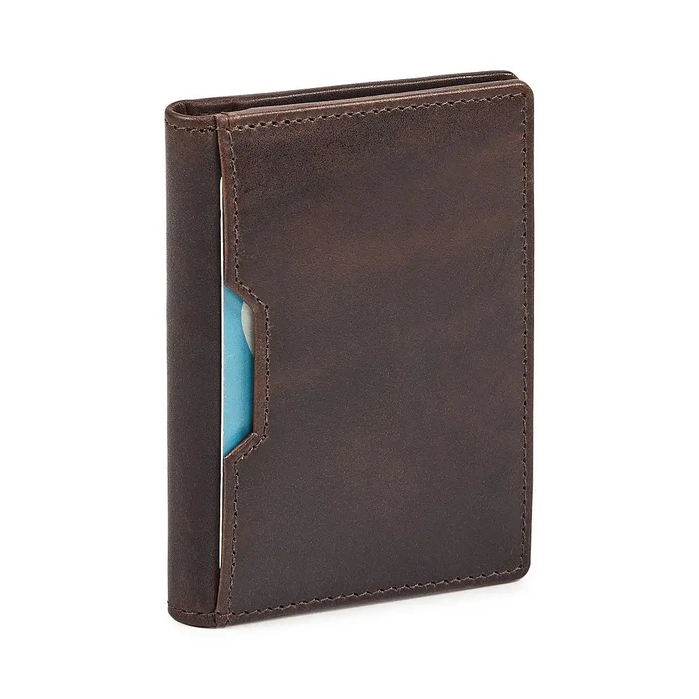 Brown leather credit card holder with a card pocket on a white background