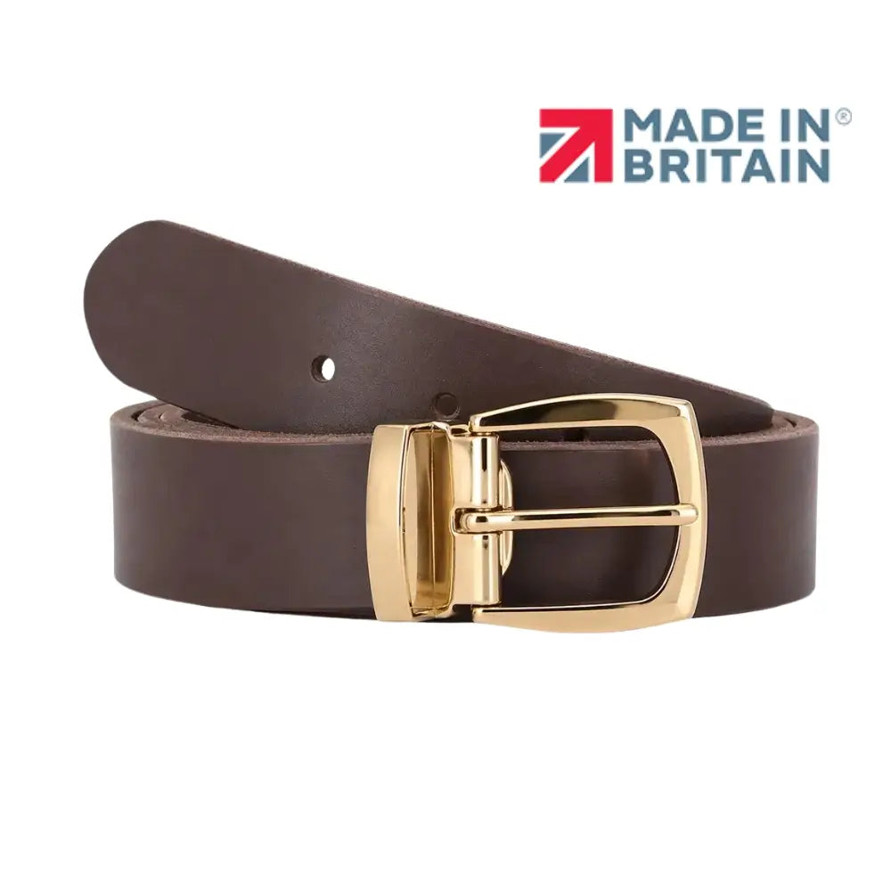 Brown leather belt with a gold buckle on a white background, featuring 'Made in Britain' logo.
