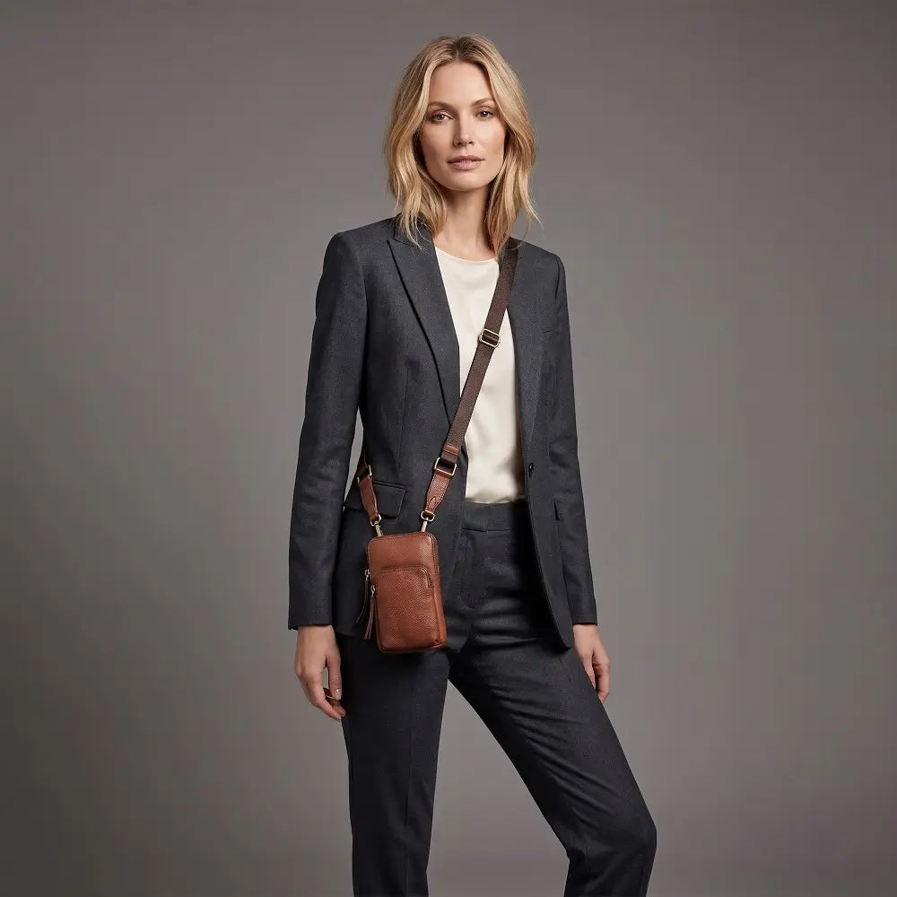Woman wearing a dark gray suit with a brown leather bag on a gray background