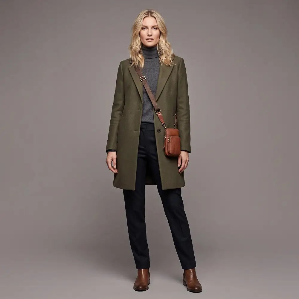 Woman wearing a green coat with a brown bag on a gray background