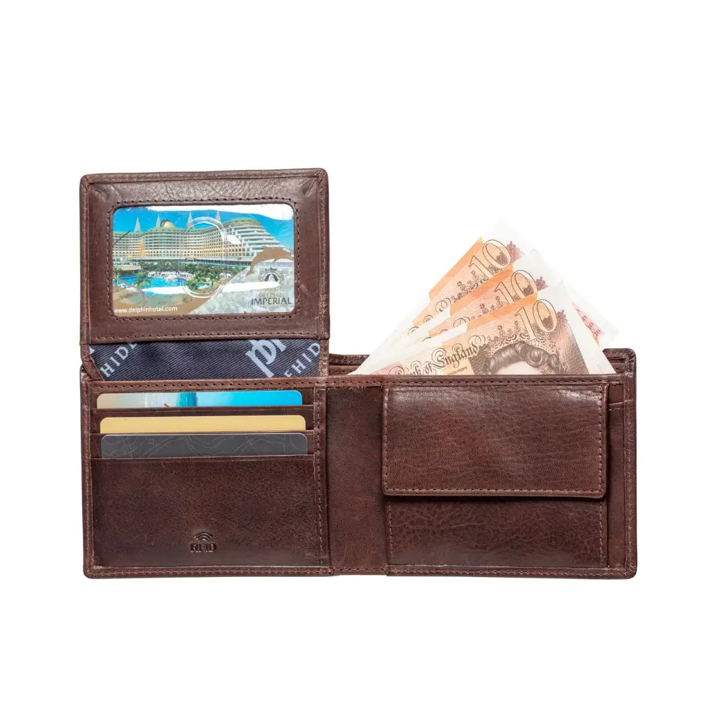 Brown leather wallet with card slots and money pocket on a white background