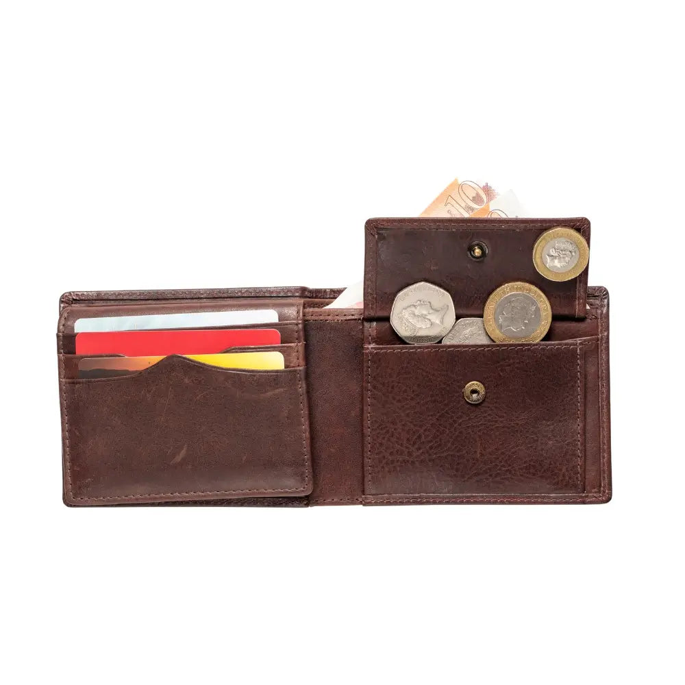 Brown leather wallet with card slots and coin pocket on a white background