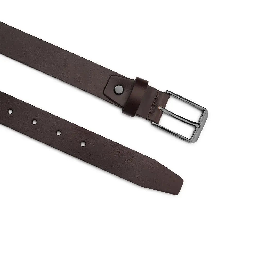 Full length view of Brown leather belt with a silver buckle on a white background