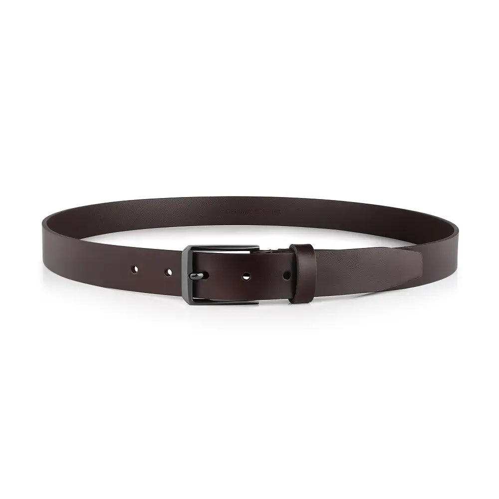 Brown leather belt with a black buckle on a white background