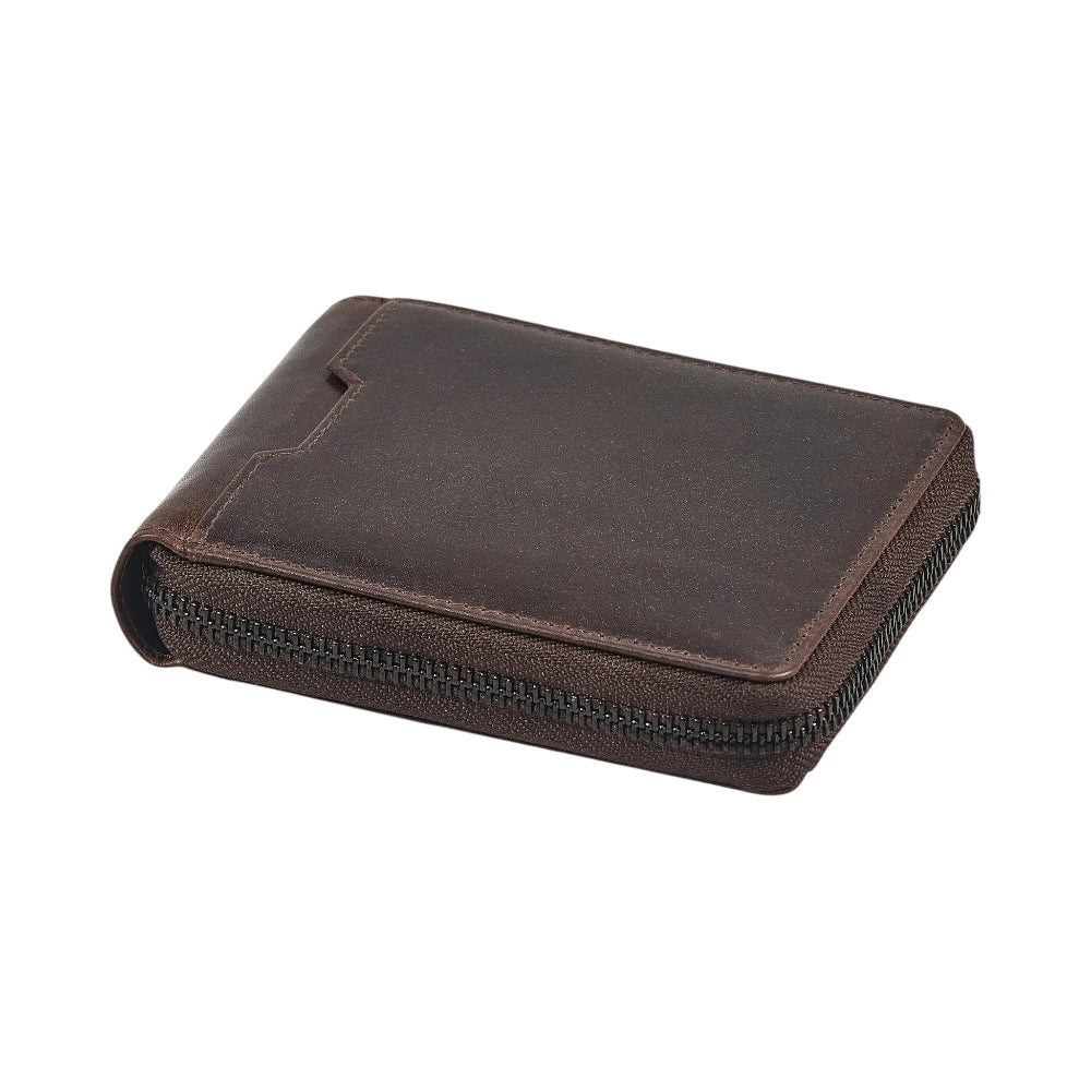 Top view of Brown leather wallet  on a white background