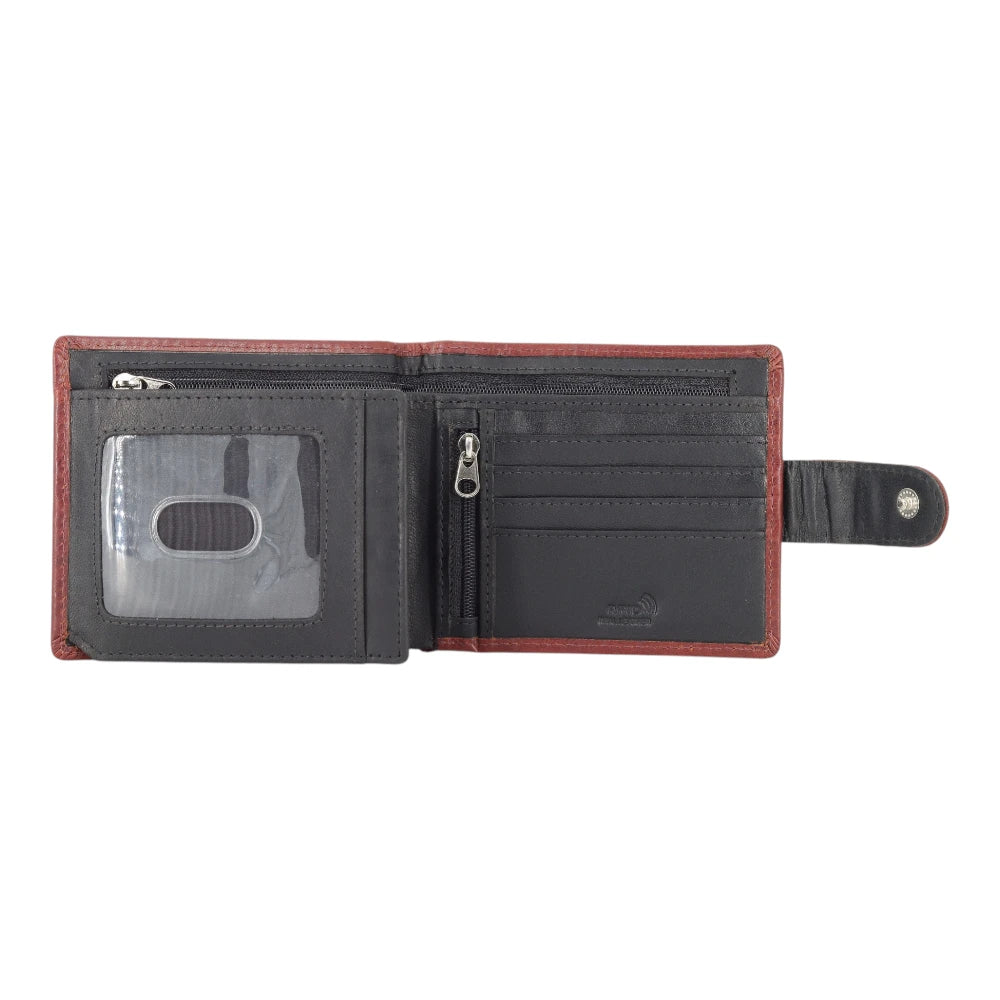 Open view of brown leather wallet with black interior on a white background