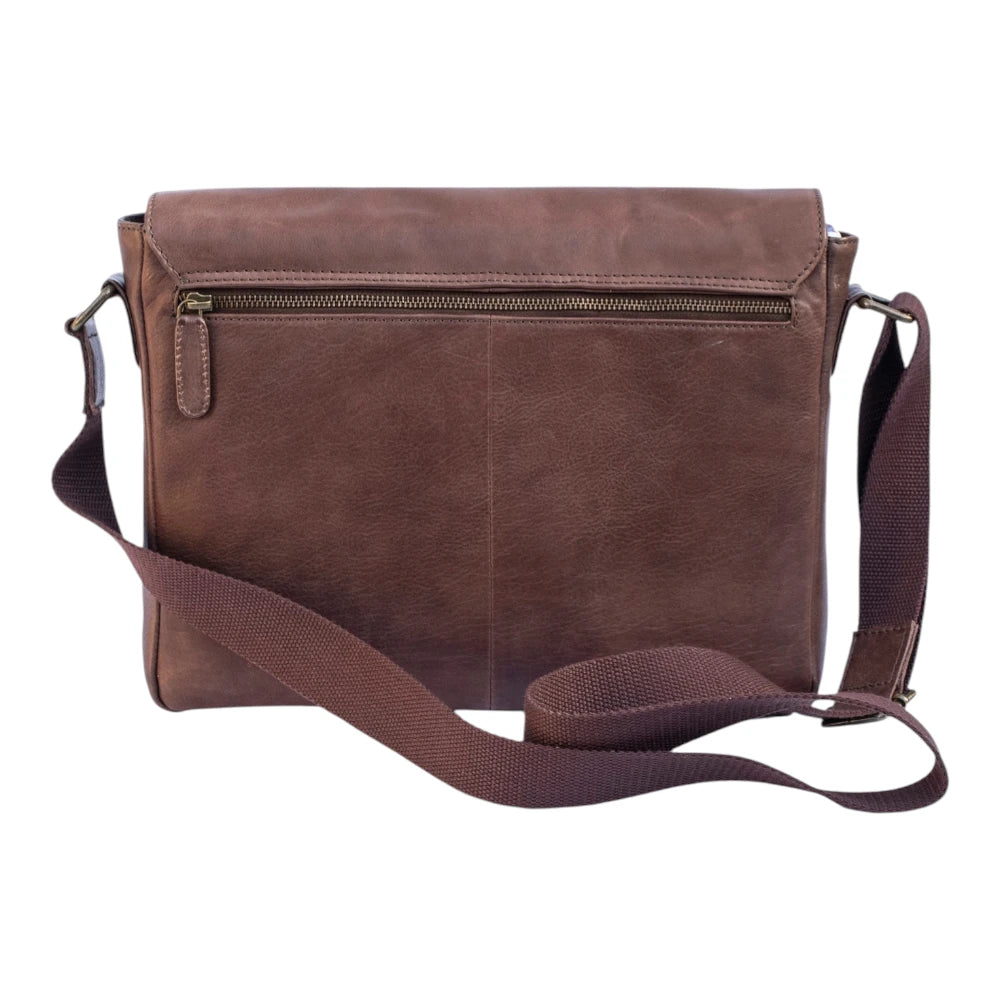 Brown leather shoulder bag on a white background