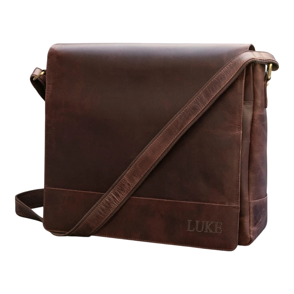 Front view of Brown leather bag with branding on a white background