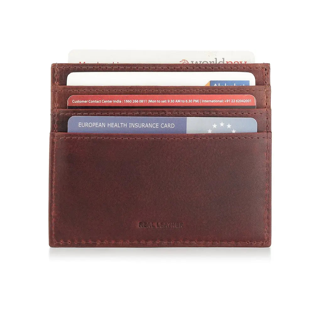 Brown leather card holder with card slots on a white background