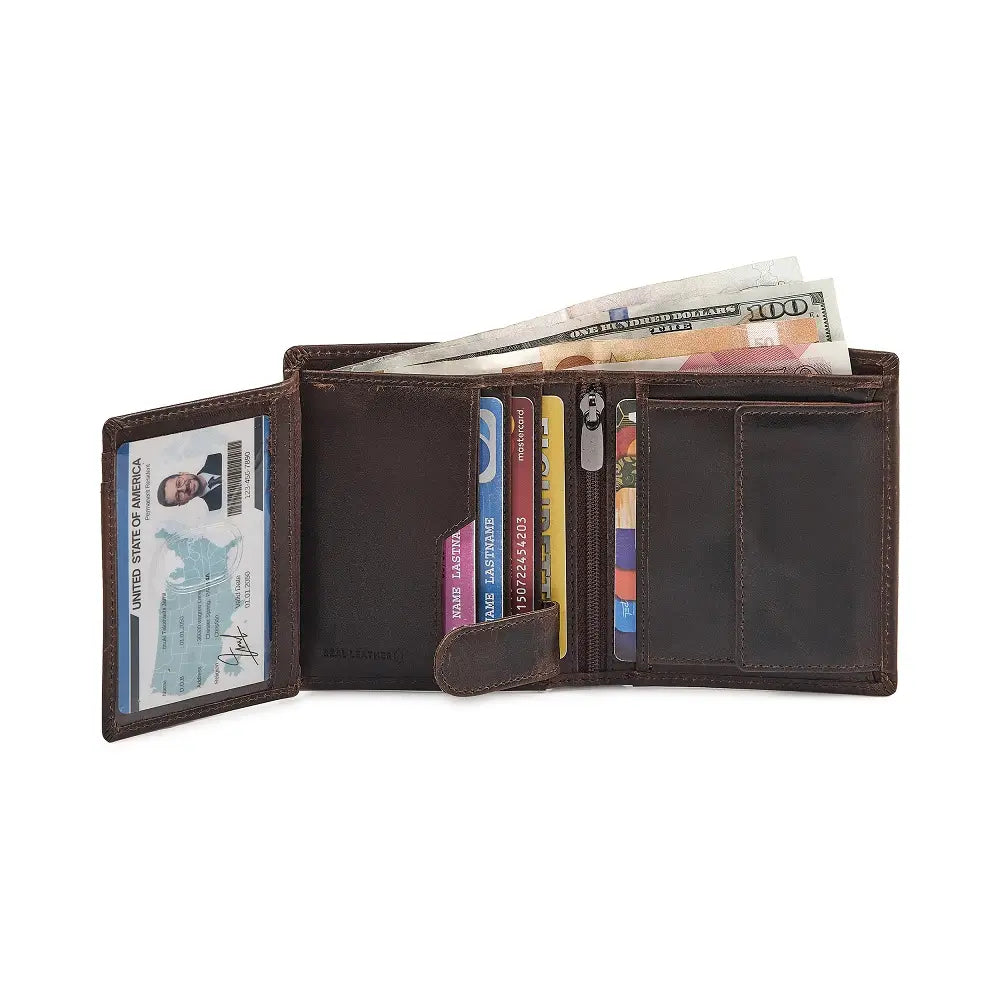 Brown leather wallet open to show card slots and bill compartment on a white background