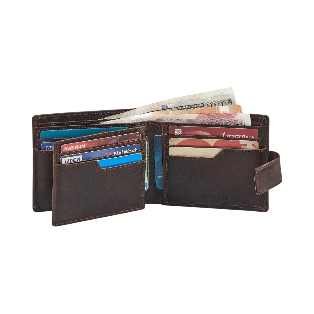 Brown leather wallet with cards and money on a white background