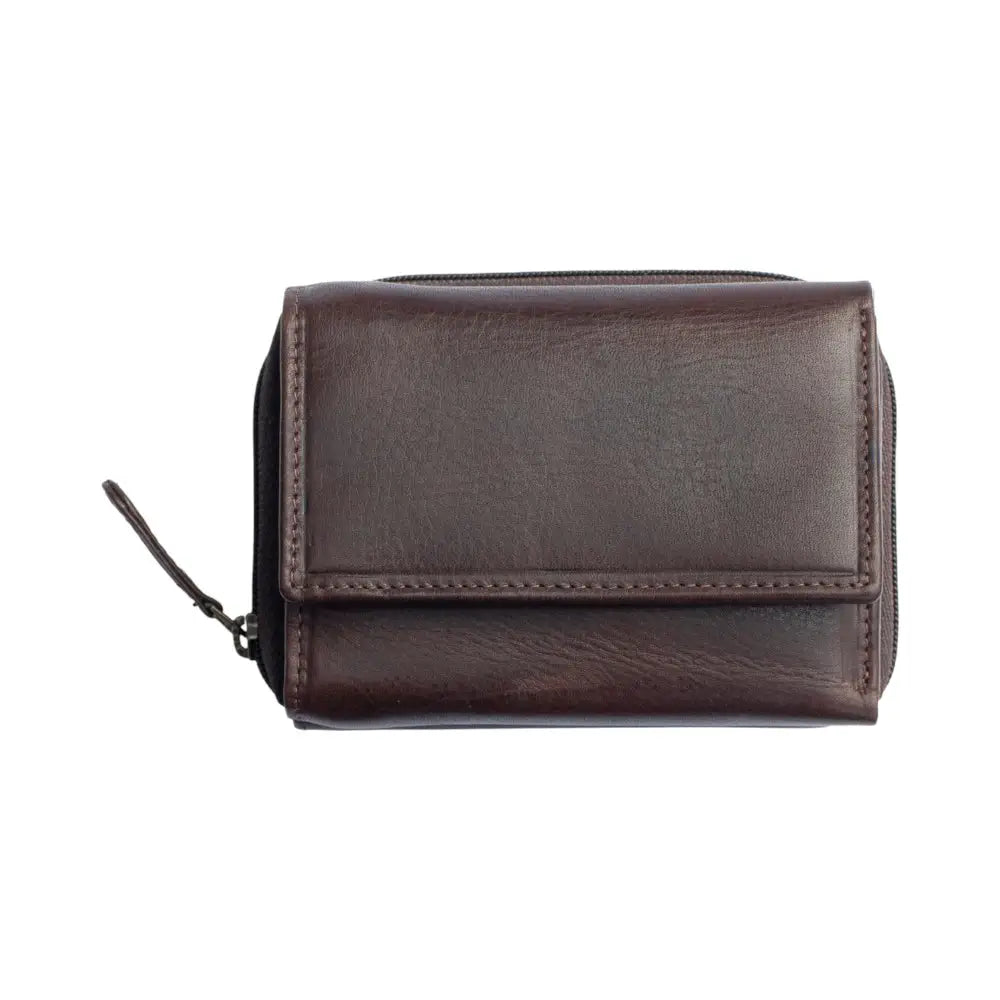 Brown leather toiletry bag on a white background