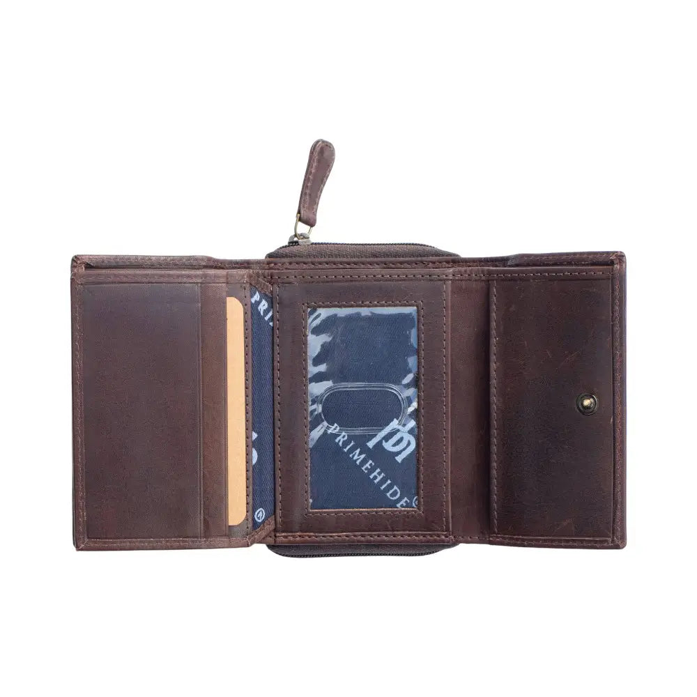 Brown leather wallet with card slots on a white background