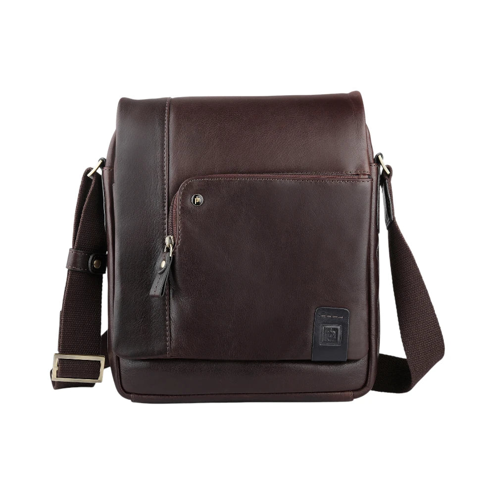Brown leather shoulder bag on a white background