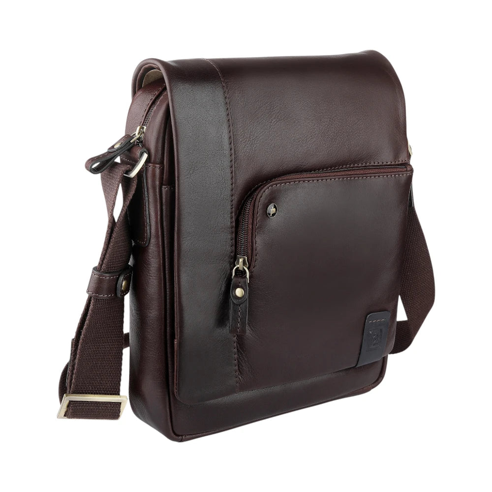 Brown leather shoulder bag on a white background
