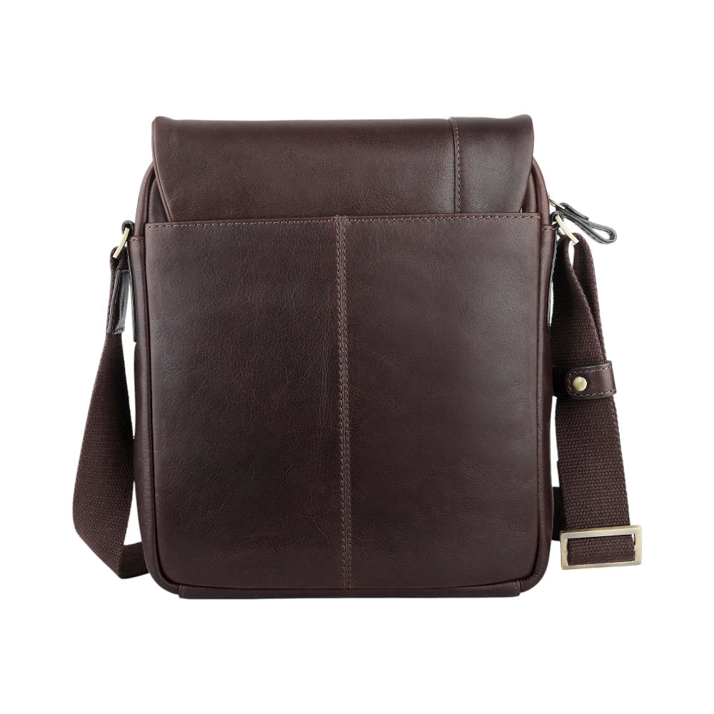 Brown leather crossbody bag on a white background