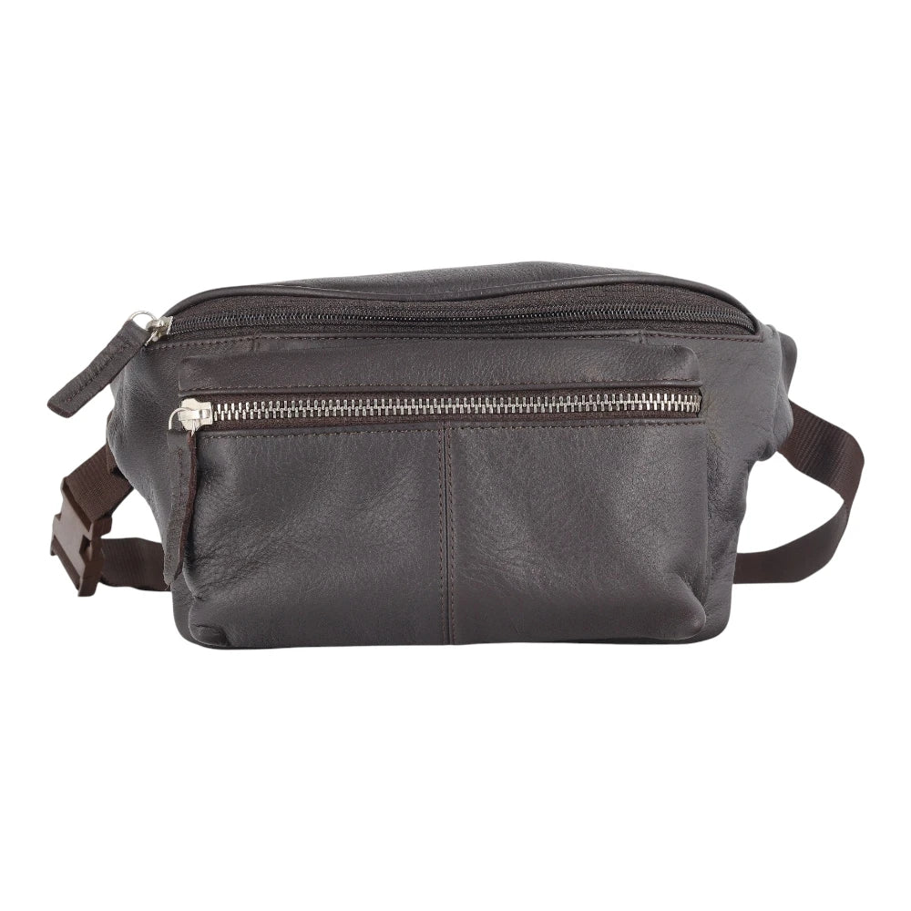 Brown leather waist bag with zippers on a white background