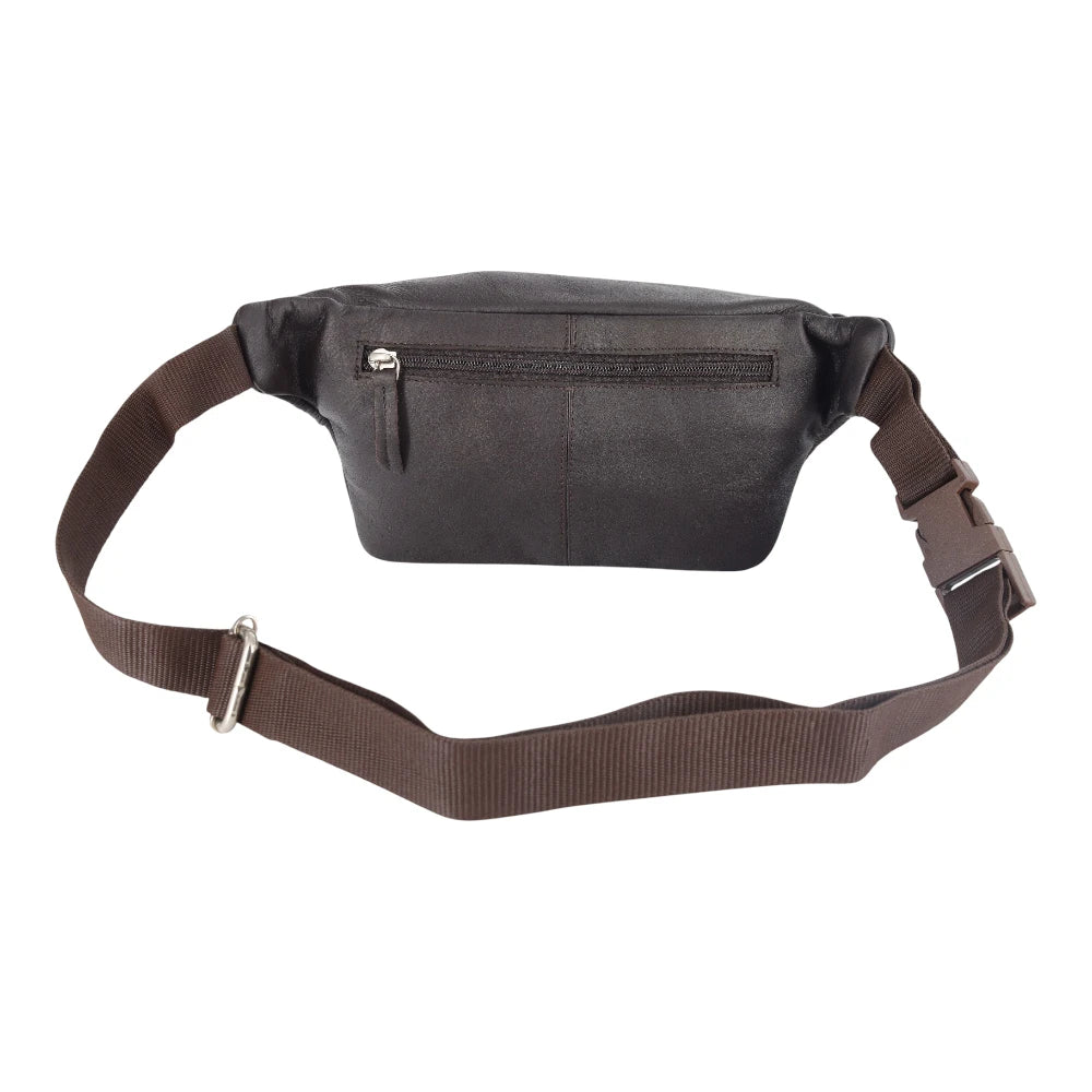 Brown leather waist bag with zippers on a white background