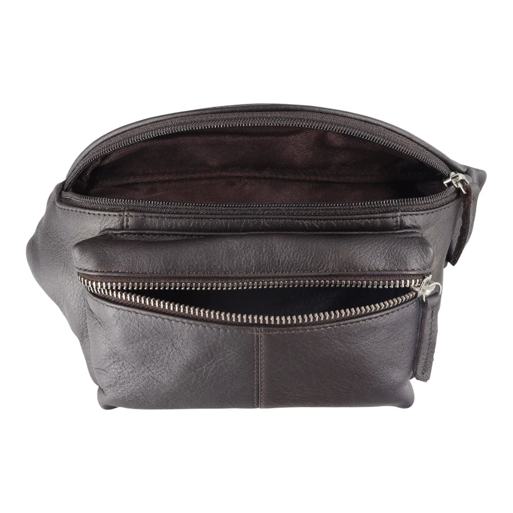 Open view of Brown leather waist bag with multiple zippers on a white background